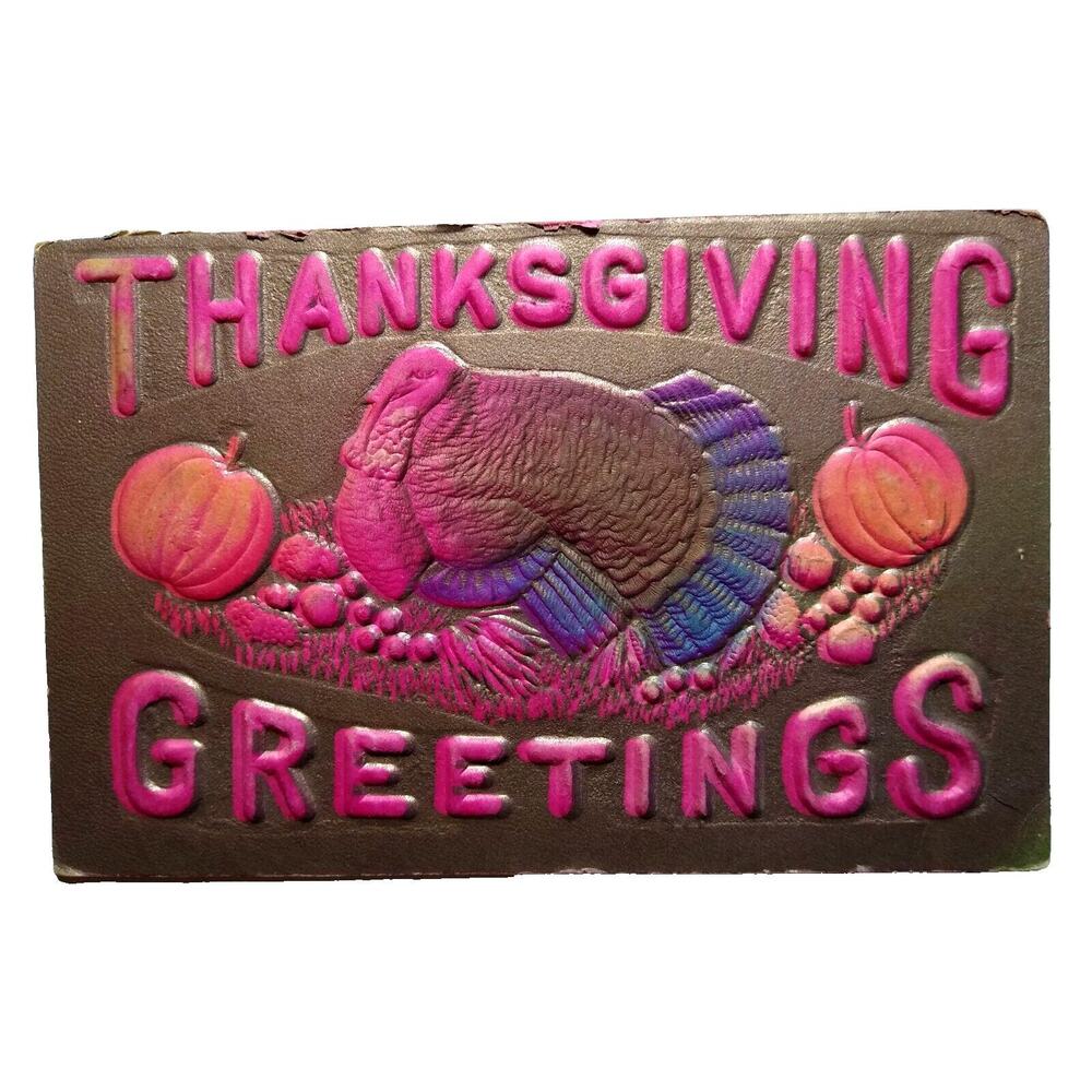Thanksgiving Postcard Airbrushed Turkey Pumpkins Deep Embossed 1909 Antique